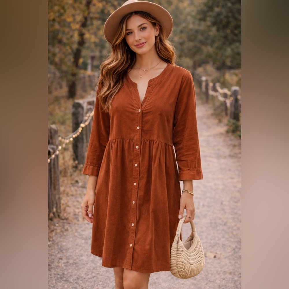Rust Button-Down Dress. Made in Italy. Large/XL. Lightweight corduroy.